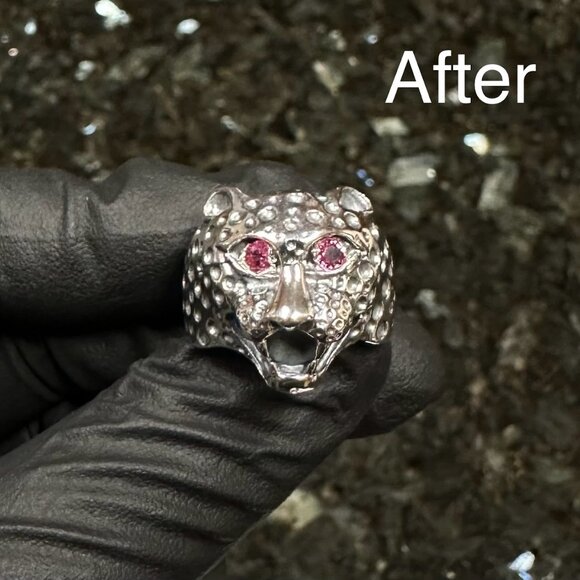 Custom 925 Sterling Silver Bold Red Ruby Gem Roaring Cheetah Signet Ring Size 8 - Picture 7 of 8